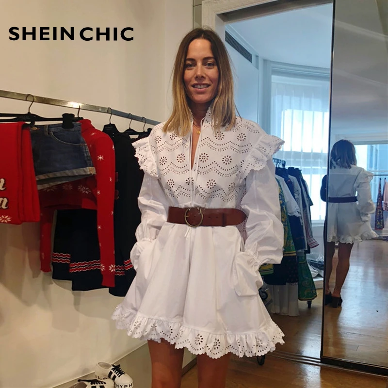 

2019 Runway Dress Women Vintage Flare Sleeve Stand Dress With Belt Elegant Hollow Out Ruffles Solid White Cotton Vestidos