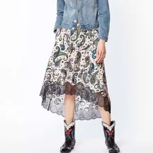 Высокое качество вискоза Пейсли кешью принт Кружева Лоскутная эластичная талия миди юбка-Bopstyle Sttyle
