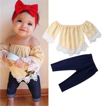 

Baby Girls Clothes Set Solid Yellow Off Shoulder Hanging Neck Top + Blue Pants Outfits Clothes 2019 Kid Girls Beach Clothing Set