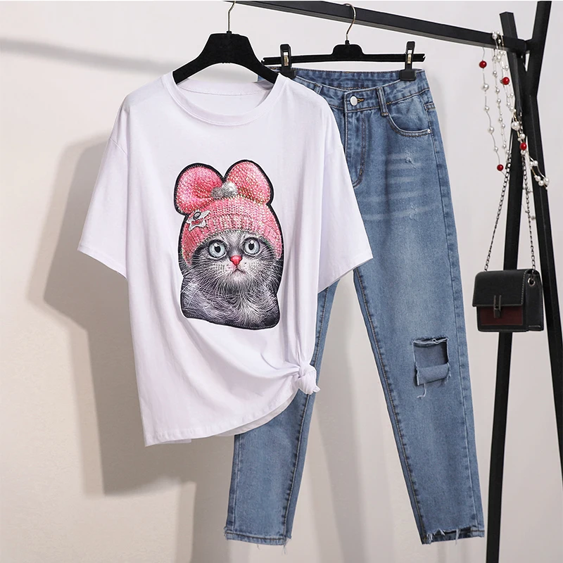 

2 Piece Set Women Casual Sequins T Shirts Pant Suits Cartoon Cat Print Woman Loose Tshirt Denim Trousers Sets T-Shirt Jeans Suit