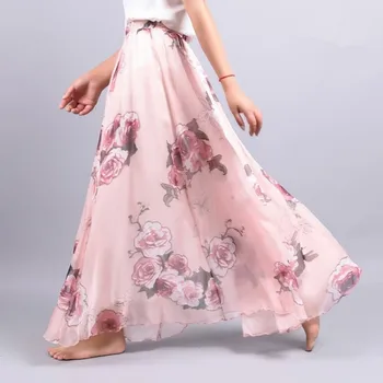 

New Fashion Summer Vintage Bohemia Chiffon Floral Printed Women Floor-Length Long Beach Party Loose Flare Skirts