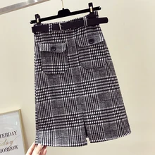 Юбки Женские уличные клетчатые прямые с поясом длиной до середины икры завышенная талия осень