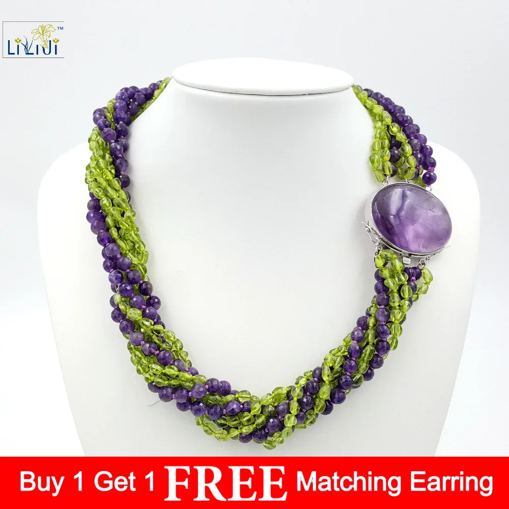 

Natural Amethysts & Peridots 8 Strands with 925 Sterling Silver setting Amethysts Clasp Fashion Women Jewelry Big Necklace 21''