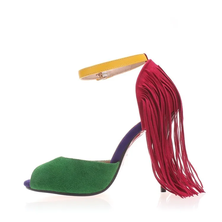 

Moraima snc Summer new fish mouth fringed stiletto heels bag with sandals explosions large size sandals