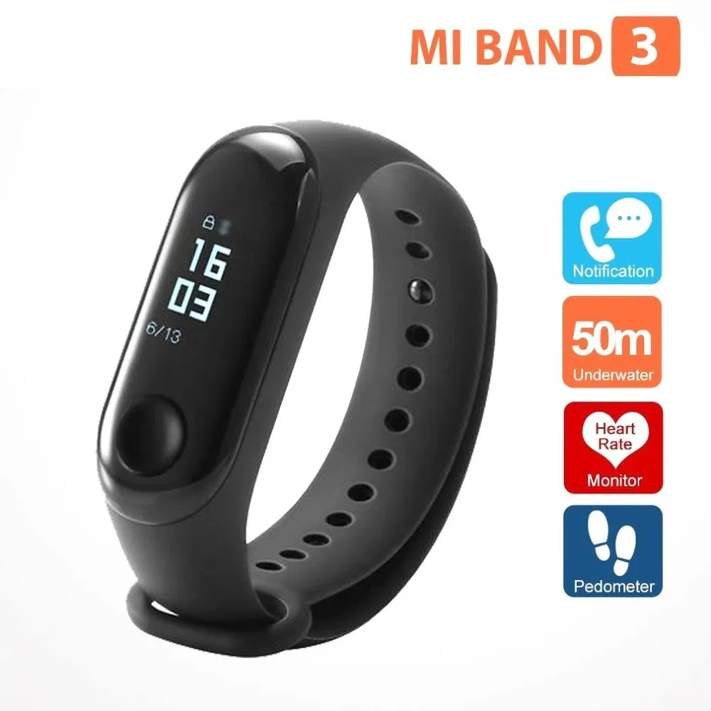 Оригинальный Xiaomi mi Band 3 умный Браслет фитнес-браслет mi Band 3 большой сенсорный экран OLED сообщение пульсометр время Smartband