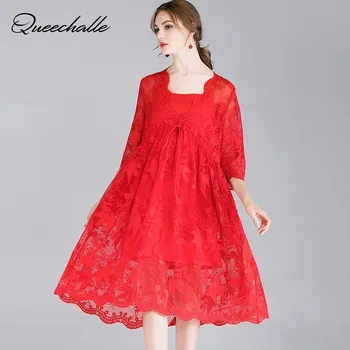 

2 Piece Set Red Black Beige Lace Dress Spring Half Sleeve V neck Drawstring Waist Loose Elegant Dress 4XL Big Size Women Dresses