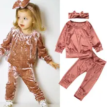 NInfant/Одежда для маленьких девочек детский Золотой бархатный костюм, одежда бархатная футболка Топ+ длинные штаны Розовая Одежда