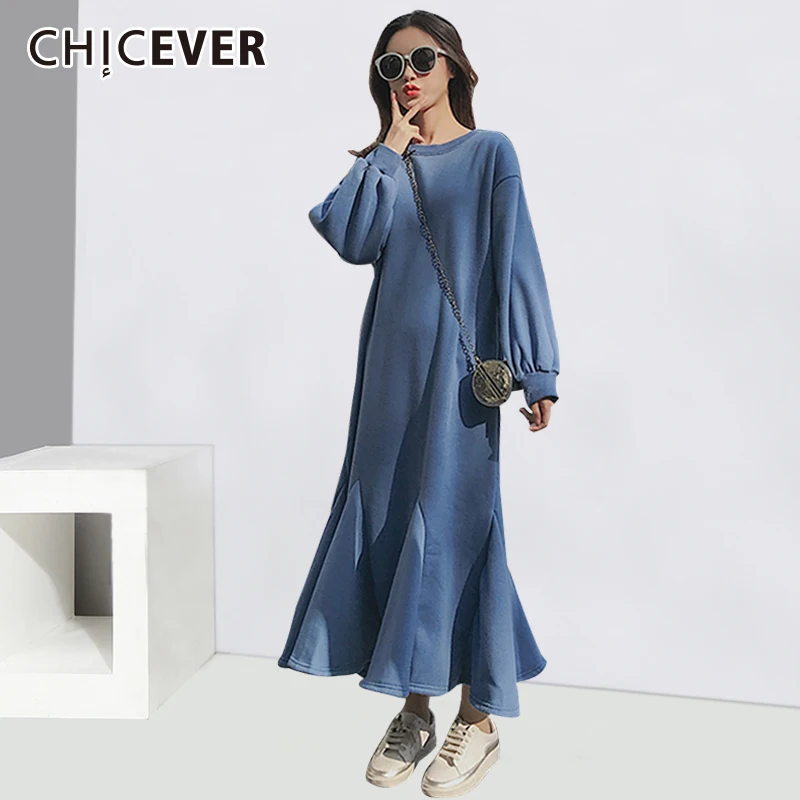 

CHICEVER Dresses For Women Loose Plus Size O neck Puff Sleeve Autumn Ruffle Long Dress Female Korean 2019 Fashion Tide New
