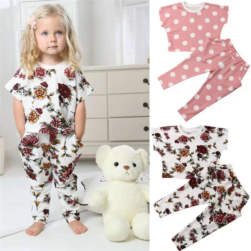 

Casual Toddler Kids Baby Girl Sets Summer Clothes Floral/Dot Printed Short Sleeves Tops Long Pants 2Pcs Loose Girl Outfits 1-6Y