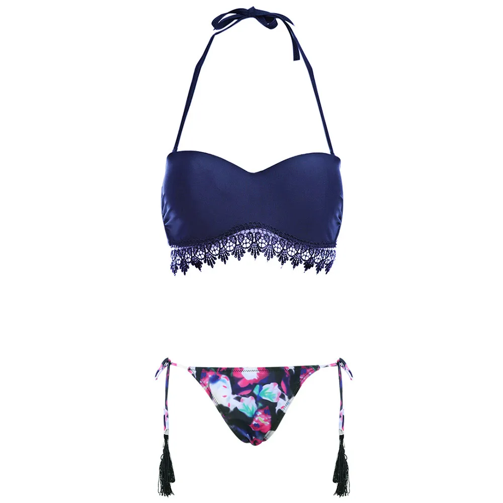 

Clearance!!! Bikinis Fresh Style Halter Pure Color Bra Low Waist Fringed Printed Briefs Women Bikini Set Swimwear Swimsuits
