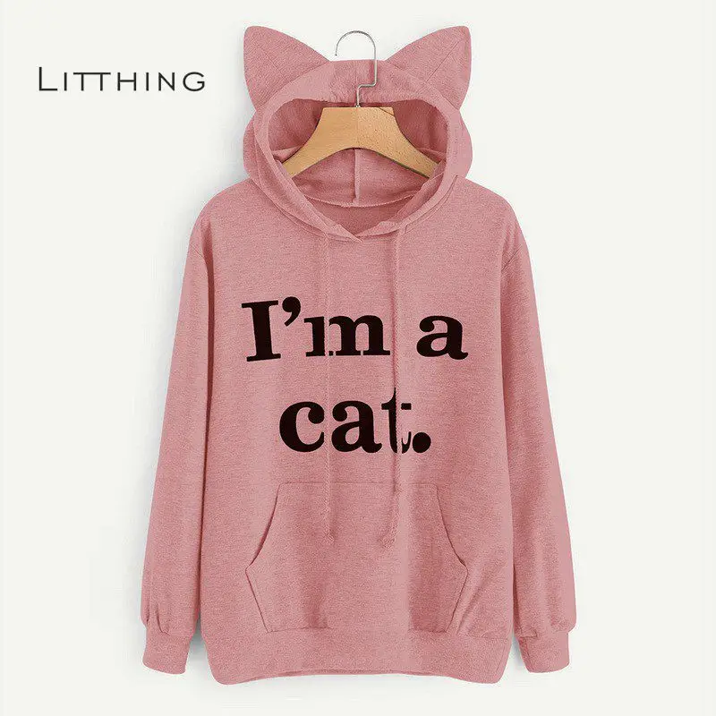 

Kawaii Letter Cat Ear Cap Hoodies Women I AM A CAT Print Loose Hooded Sweatshirts 2018 Cute Long Sleeve Pullovers mujer
