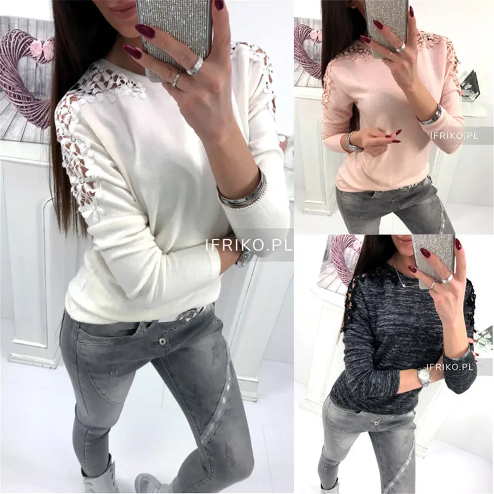 

2019 New Style Fashion Hot Women Ladies Loose Casual Long Sleeve Cotton Solid Blouse O Neck Hollow Out Tops