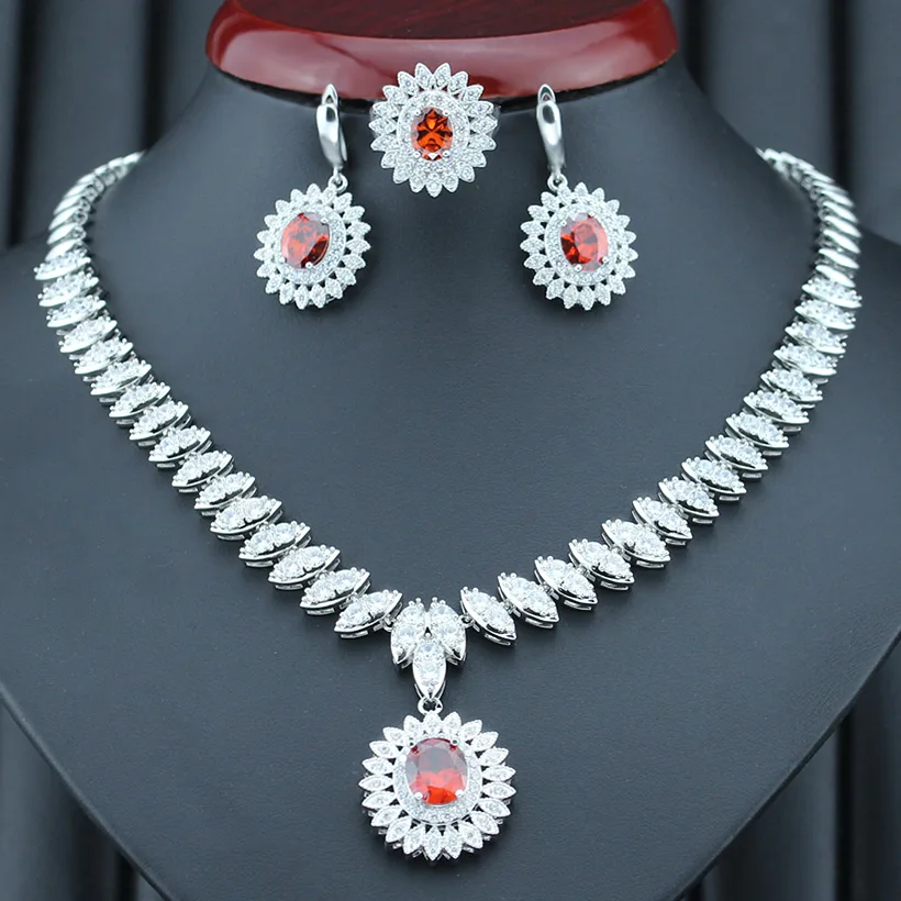 

Red Jewelry Sets For Women Silver Color Sunflower Necklace Earrings Sets With Wedding Jewelry