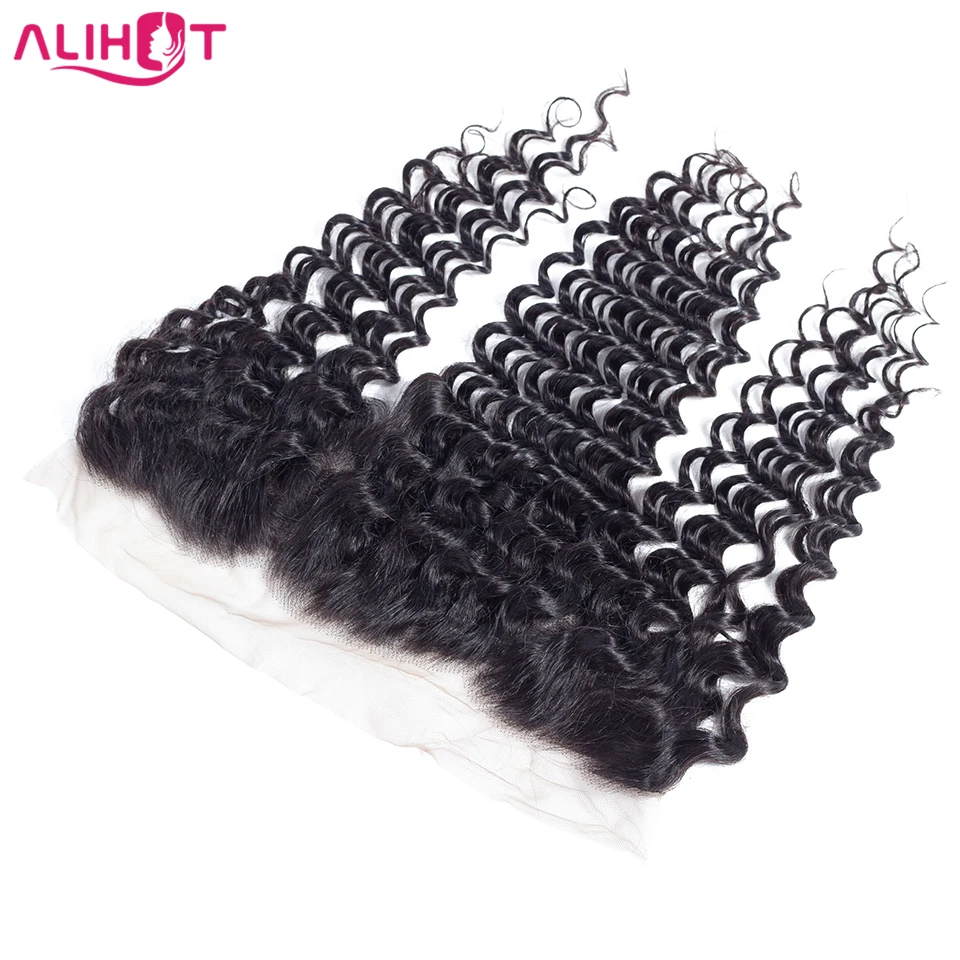 Ali Hot Brazilian Deep Wave Lace Frontal Closure 10-20 Inch Free Part Non-Remy Human Hair 13x4 Ear To Ear Closure