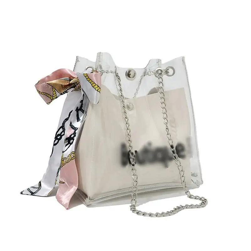 

Women Korean Lovely Transparent PVC Tote Shoulder Chain Bag With Scarf Crossbody Messenger Clear Bags Handbag Small Square Bag