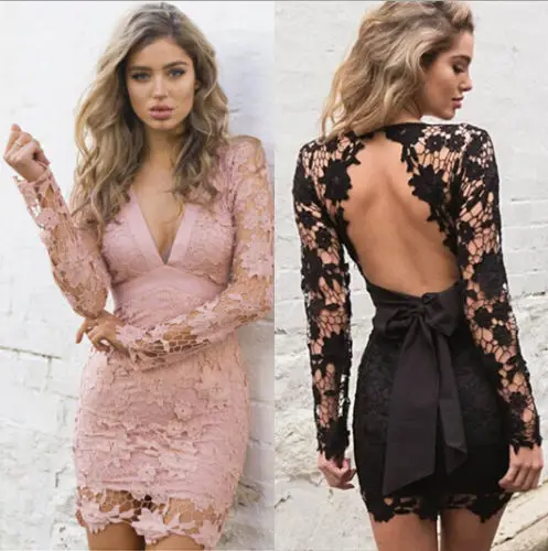 

Women Sexy Deep V-neck Long Sleeve Lace Bowknot Stretch Casual Party Mini Dress Summer Backless Elegant Women Girl Dresses