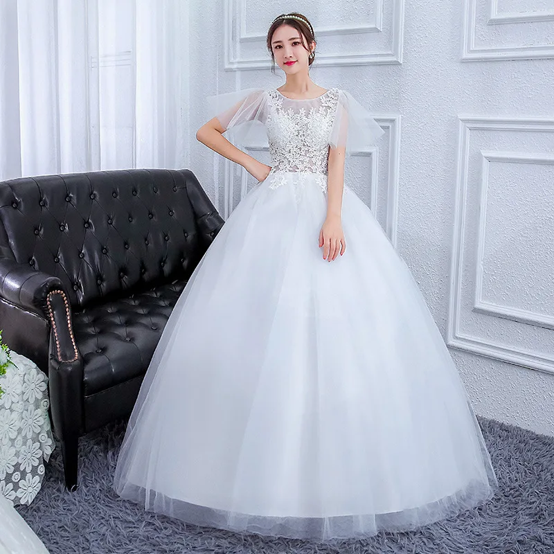 Плюс Размеры Винтаж свадебное платье бальное платье с круглым вырезом короткий рукав со шнуровкой сзади Тюль Кружева Vestido De Noiva 2019