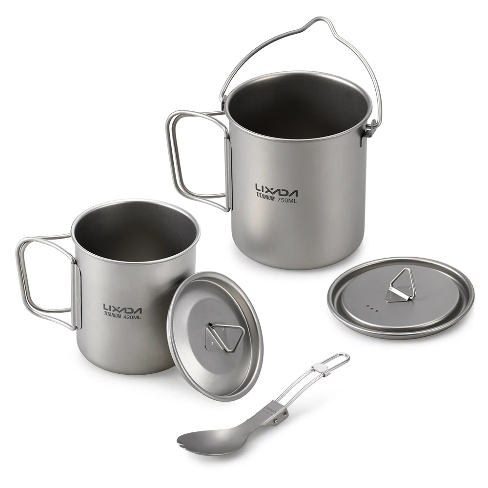 Lixada Titanium 3 Pieces Set Titanium 750ml Pot 420ml Water Cup Mug