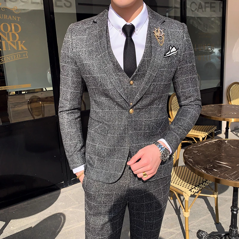 Men Plaid Suits Size 3XL Business Casual Men Suits Tuxedo Fashion Man Wedding Suits ( Jackets and Vests with Pants )