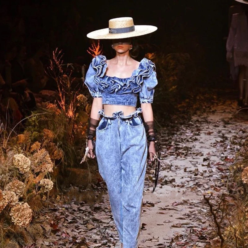 

Runway Designer Slash Neck Ruffles Sexy Woman Short Denim Tops Short Sleeve Zipper Woman Slim Short Shirts Party Club Tops
