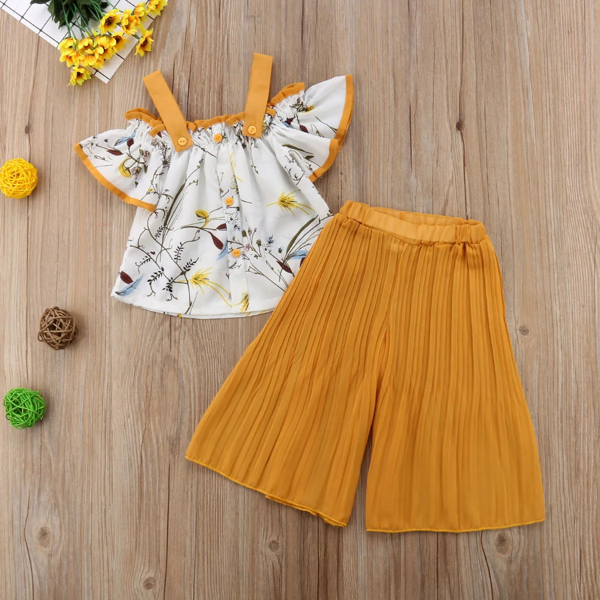 

Pudcoco New Brand Kids Baby Girls Strap Floral Tops Loose Flared Long Pants Summer Clothes Outfits 2pcs