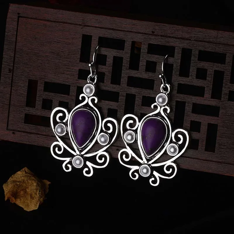 

2019 Flower Women Small Dangle Earrings Synthetic Purple Stone Drop Earring Vintage Indian Jewelry Antique Silver Color DBE037