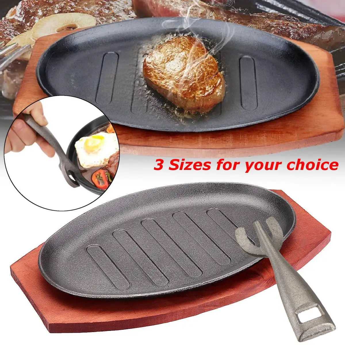 

3 Sizes Cast Iron Steak Fajita Sizzling Platter Plate BBQ Grill Pan Cooking Wooden Holder