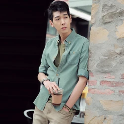 Men's shirt 2019 spring new lapel slim long sleeve short sleeve pure color loose spirit handsome personality casual man Men's shirt 2019 spring new lapel slim long sleeve short sleeve pure color loose spirit handsome personality casual man