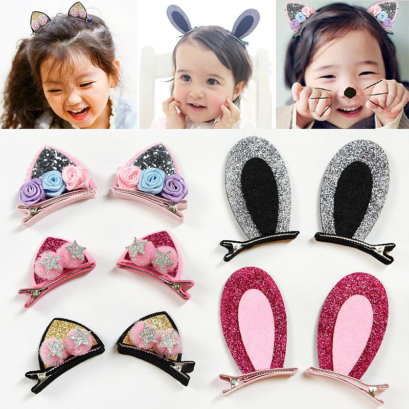 

Fashion 2pcs/Set Cute Hair Clips Girls Glitter Rainbow Fabric Flowers Hairpins Cat Ears Bunny Barrettes Kids Hair Accessories