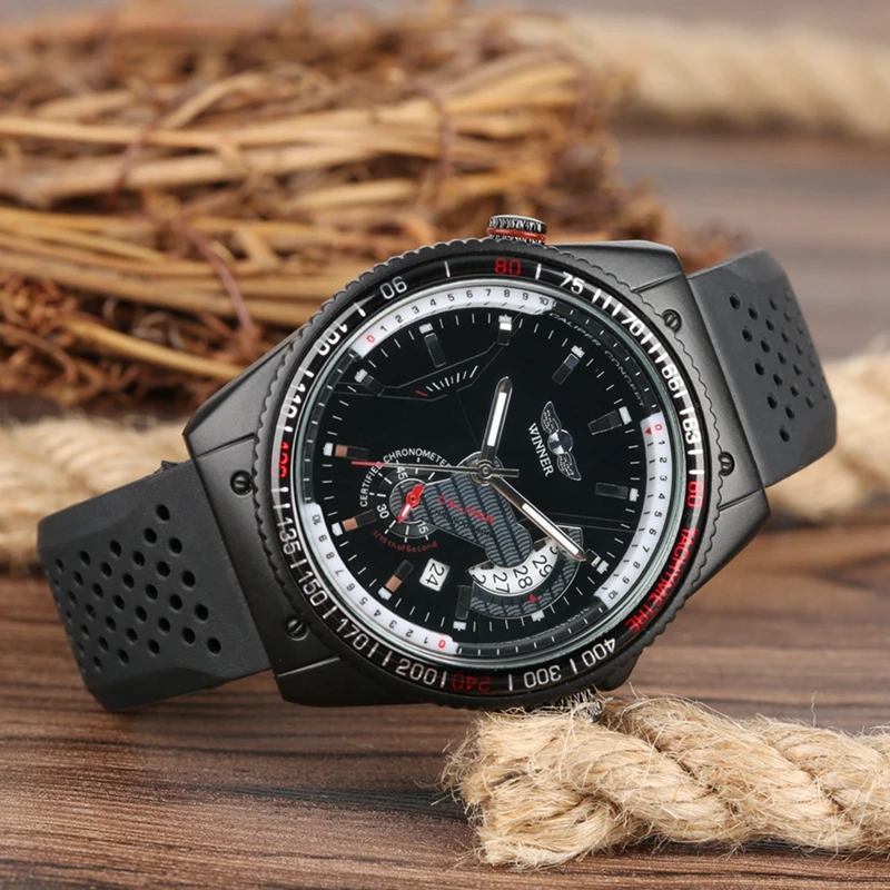 

WINNER Top Luxury Brand Automatic Mechanical Watch Unique Men Watch Precise Dial Date Sports Rubber Silicone Band Men's Watches