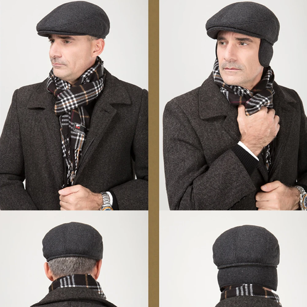 Новая Зимняя шерстяная мужская шапка-берет с ушками, винтажная твидовая Кепка в британском западном стиле, теплая русская снежная шапка