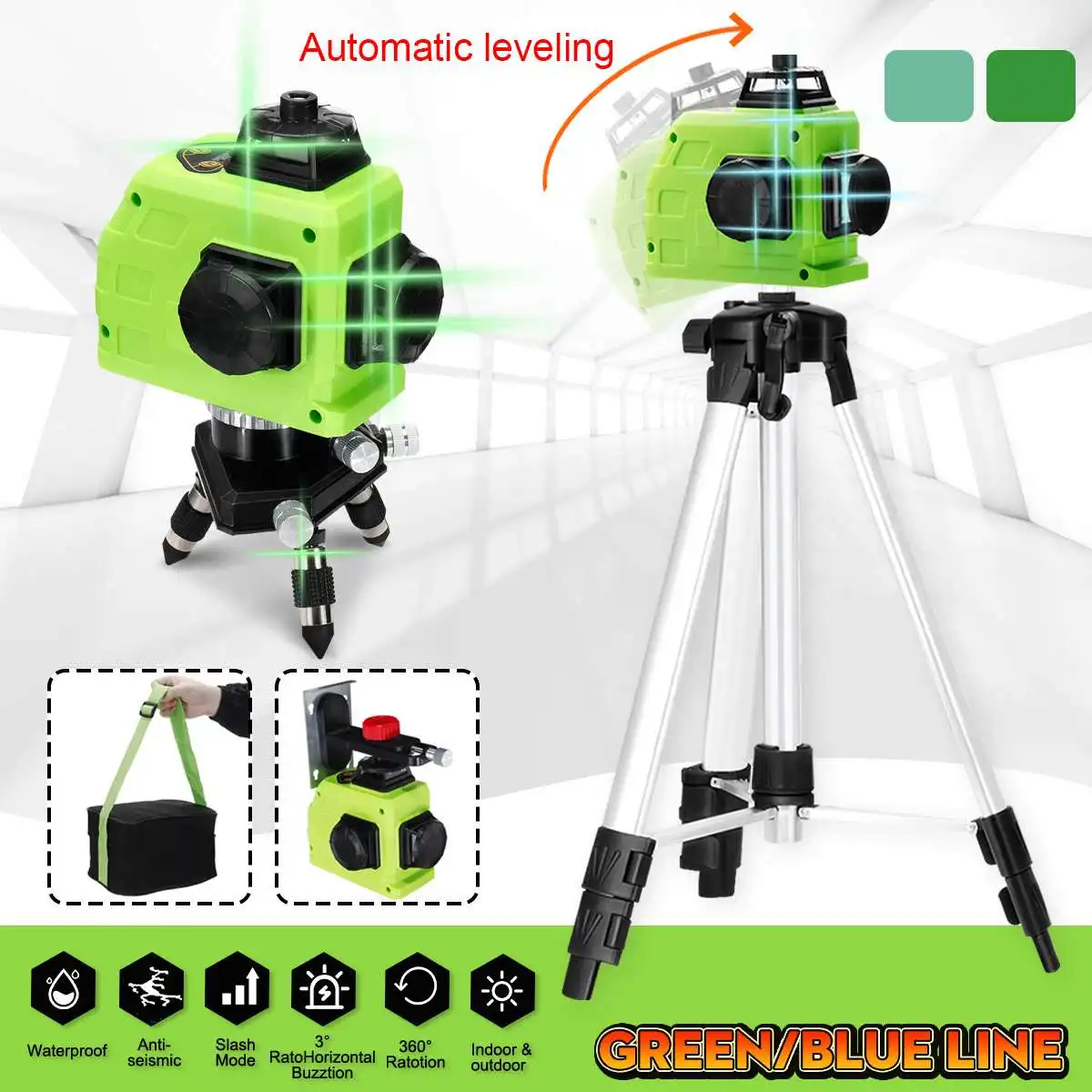 

Green Light Laser Level 3D 12 Line Self Leveling 360 Rotary Measure Cross EU Plug Charging Base Tripod Wall Mounted Bracket