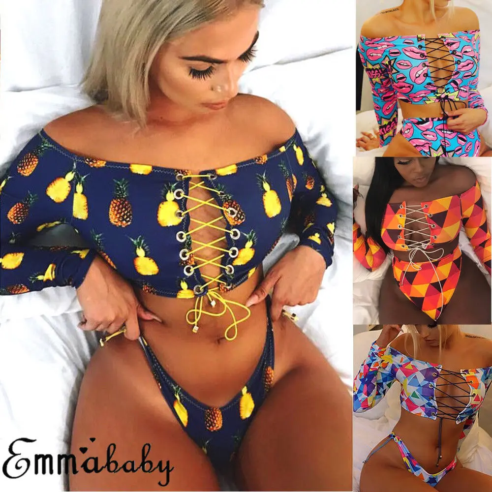 

Sports Swimwear Women Bathing Suit Brazilian Bikini 2019 Bather Female off Shoulder Bandage Neck Swimsuit Push up Two-piece Suit