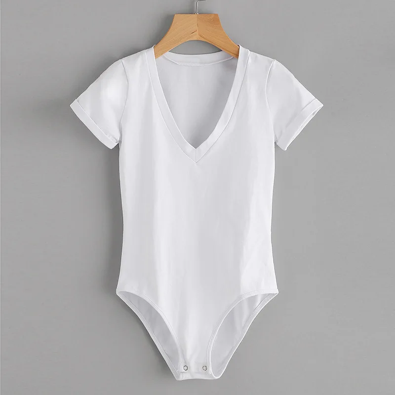 

#2152 Summer V-Neck White/Black Bodysuit Women Short Sleeve Sexy Skinny Body Femme Combishort Tight Bodysuit Woman Plus Size