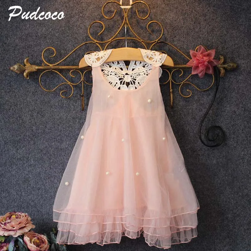 

2018 Fashion Girls Dress Flower Baby Girl Clothes New Party Lace Sleeve Beading Tulle Wedding Bridesmaid Dresses Summer Sundress