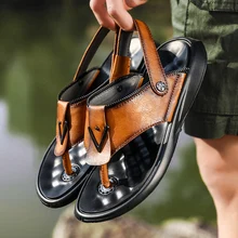 Летние мужские сандалии модная кожаная пляжная обувь мужские повседневные Нескользящие удобные и мягкие шлепанцы на плоской подошве; большие размеры