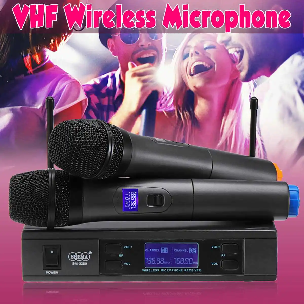 

UHF Wireless Microphone System LCD Dual Mic Handheld Cordless Stage KTV Kareoke Wide Frequency Adouble-way 2 Channels Wide Range