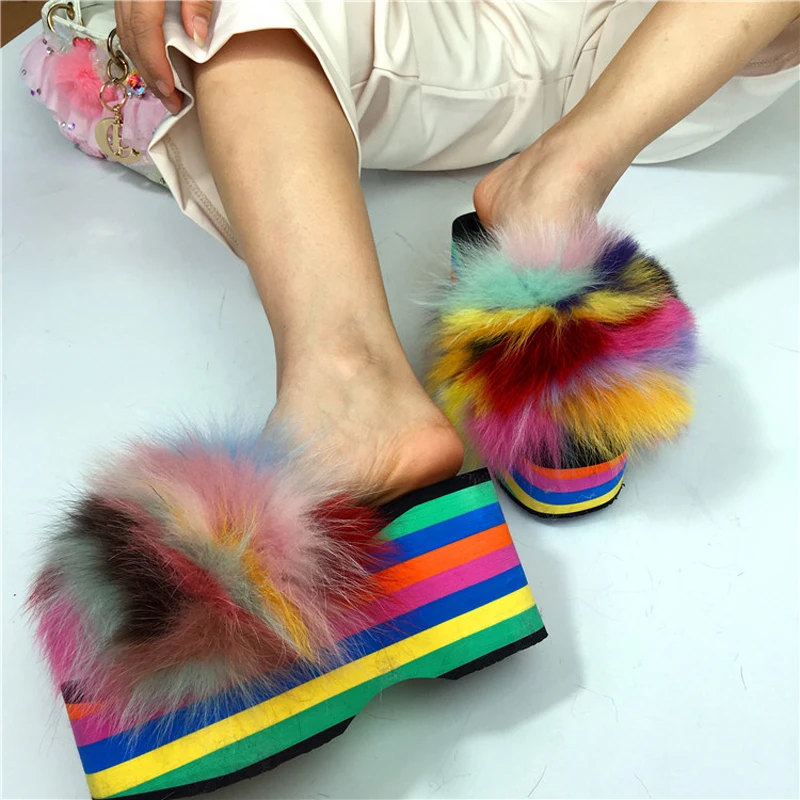 Summer Foam Rainbow Platform Sole Multi Real Fox Fur Slipper Women ...