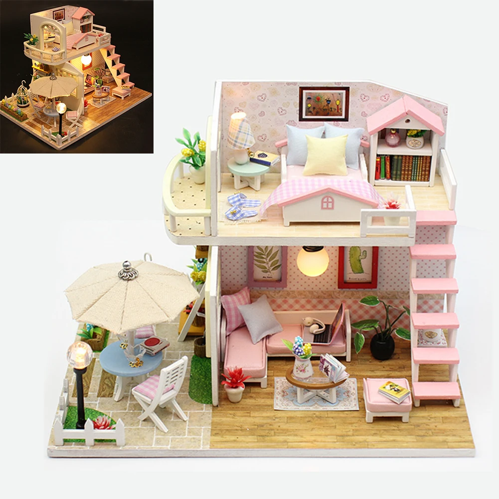 

2018 Toy Miniature Small Cottage Christmas Building Blocks DIY Doll House Model Birthday Gifts Wooden Life Scene Cabin Furniture