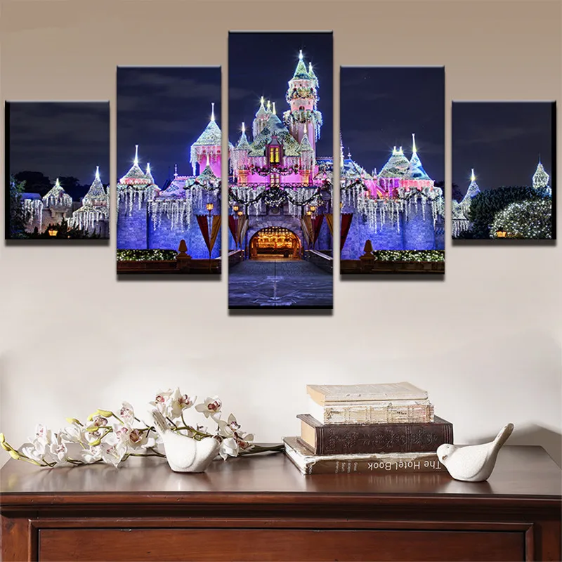 

5 Piece Amusement Park Castle Nightscape Canvas Painting Picture Poster Wall Art Home Decor For Living Room Print Modern Artwork