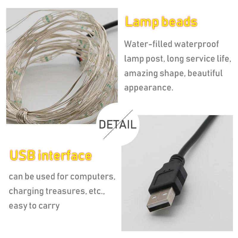 10 м RGB светодиодный гирлянда USB медный провод водонепроницаемый светодиодный Сказочный светильник наружный Рождественский декоративный светодиодный светильник s струна 1 м 2 м 3 м 5 м