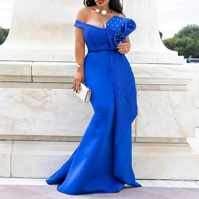 

Women Off Shoulder Long Dress Sexy Mermaid Slash Beads Fashion Skinny Robe Prom Evening Lady Elegant 2019 Summer Maxi Dresses