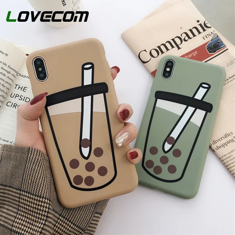 

LOVECOM Cute Cartoon Pearl Milk Tea Phone Case For iphone X XS Max XR 6 6S 7 8 Plus Candy Color Soft TPU Phone Back Cover Gift