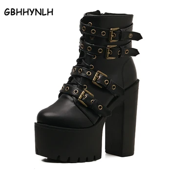 

fur boots winter shoes women Boots Buckle platform shoes woman wedges black boots punk shoes high heels women ankle boots LJA99