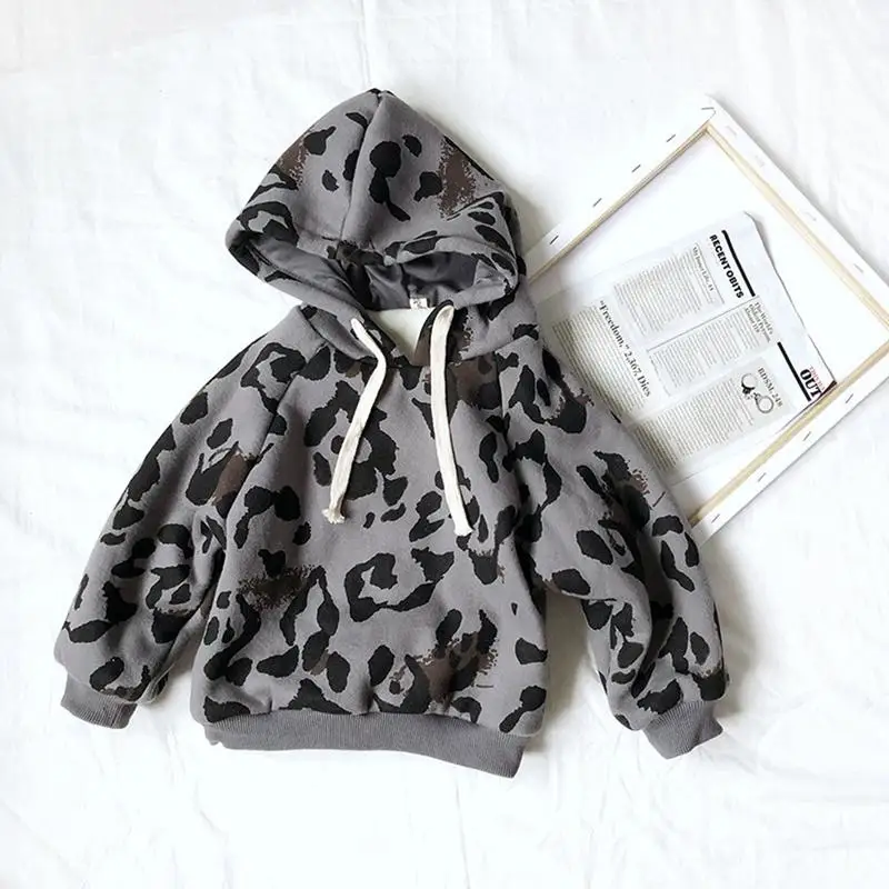 

Baby Unisex Winter Leopard Hoodies Children's Fleece-lined Thickened Pullover Warm Soft Hooded Long Sleeve Casual Jacket