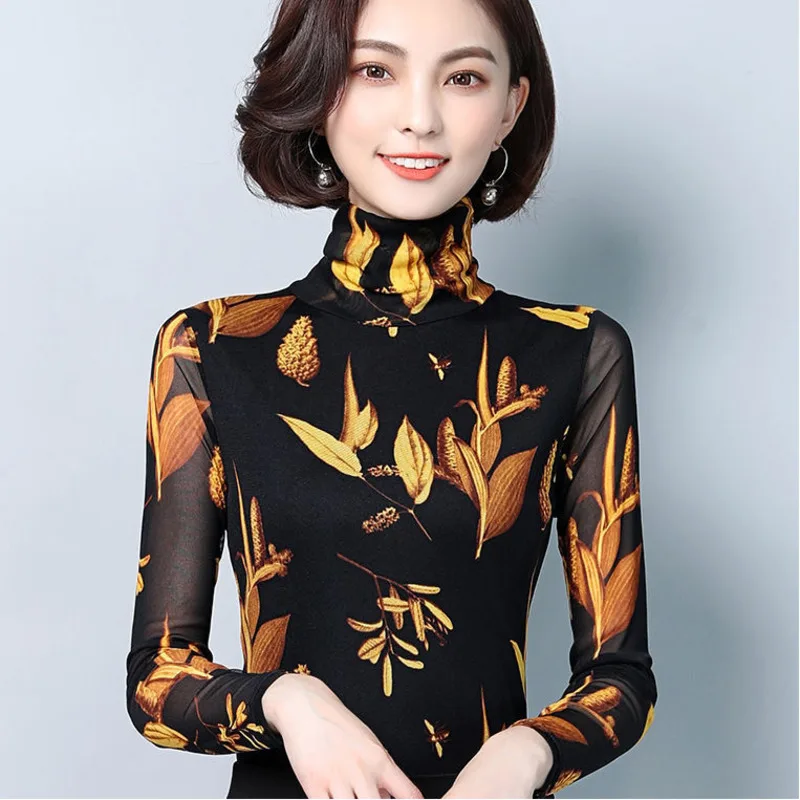 

Pullover Women Turtleneck Tops Sweater Knitted Streetwear Patchwork Long Sleeve Flowers Prints Casual Slim Female Jumper Clothes