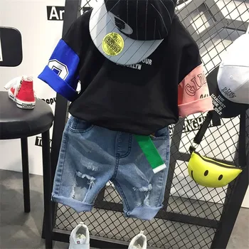 

Kids Tracksuit Fashion Stitching Short-sleeved Denim Shorts Toddler Boys Clothing Set Hip Hop Dance Costumes Kids Boy Sport Suit