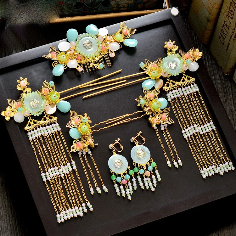 Beste Imiteren kam lange tassle pinnen sets Chinese Kroon bruid hoofdtooi kostuum omzoomd Bob tiara bruiloft