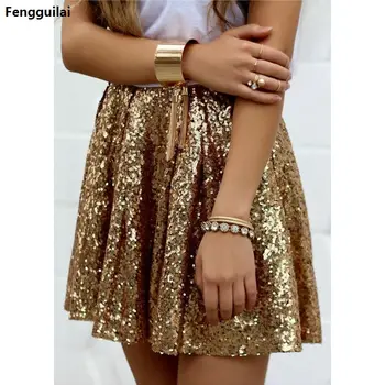 

Sequined Gold Women's Mini Pleated Skirt Bling Loose Skirts Sexy Club Short Female saias femininas skirts