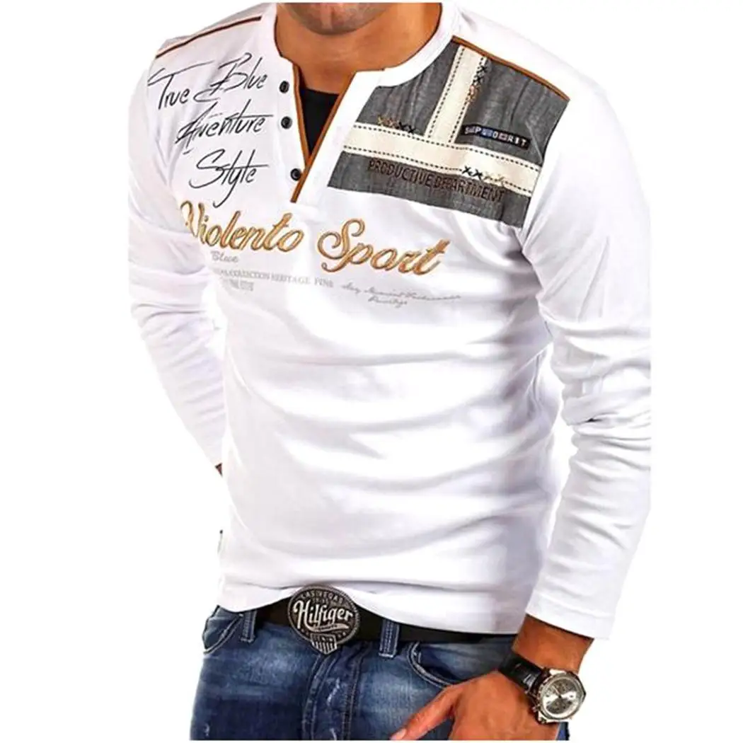 

Men Casual V Neck Long Sleeve Letetr Print Embroidery Tops Spring, Autumn T-shirt Casual, Outdoor, etc